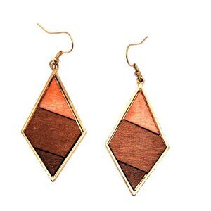 Rhombus Wood Earrings In Gold Tone Metal -  Dangle
